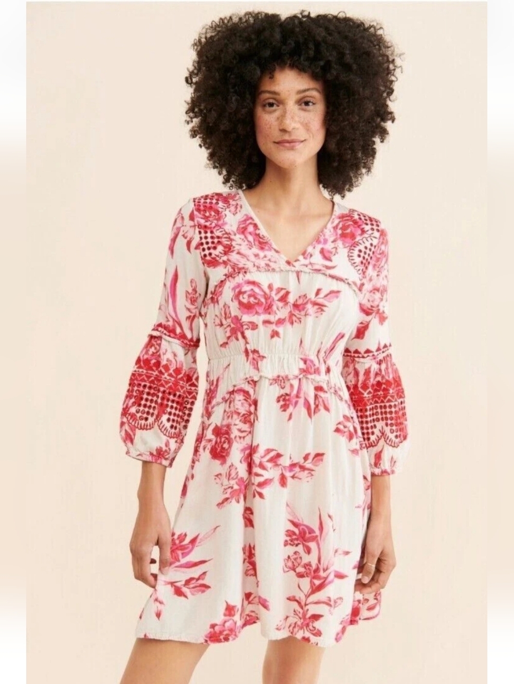 Vineet Dahl Anthropologie Pink Toile Linen Embroidered Dress Size L - Picture 3 of 8